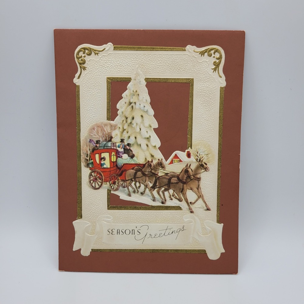 Vintage Seasons Greetings Card Horse Drawn Carriage Christmas Tree Signed